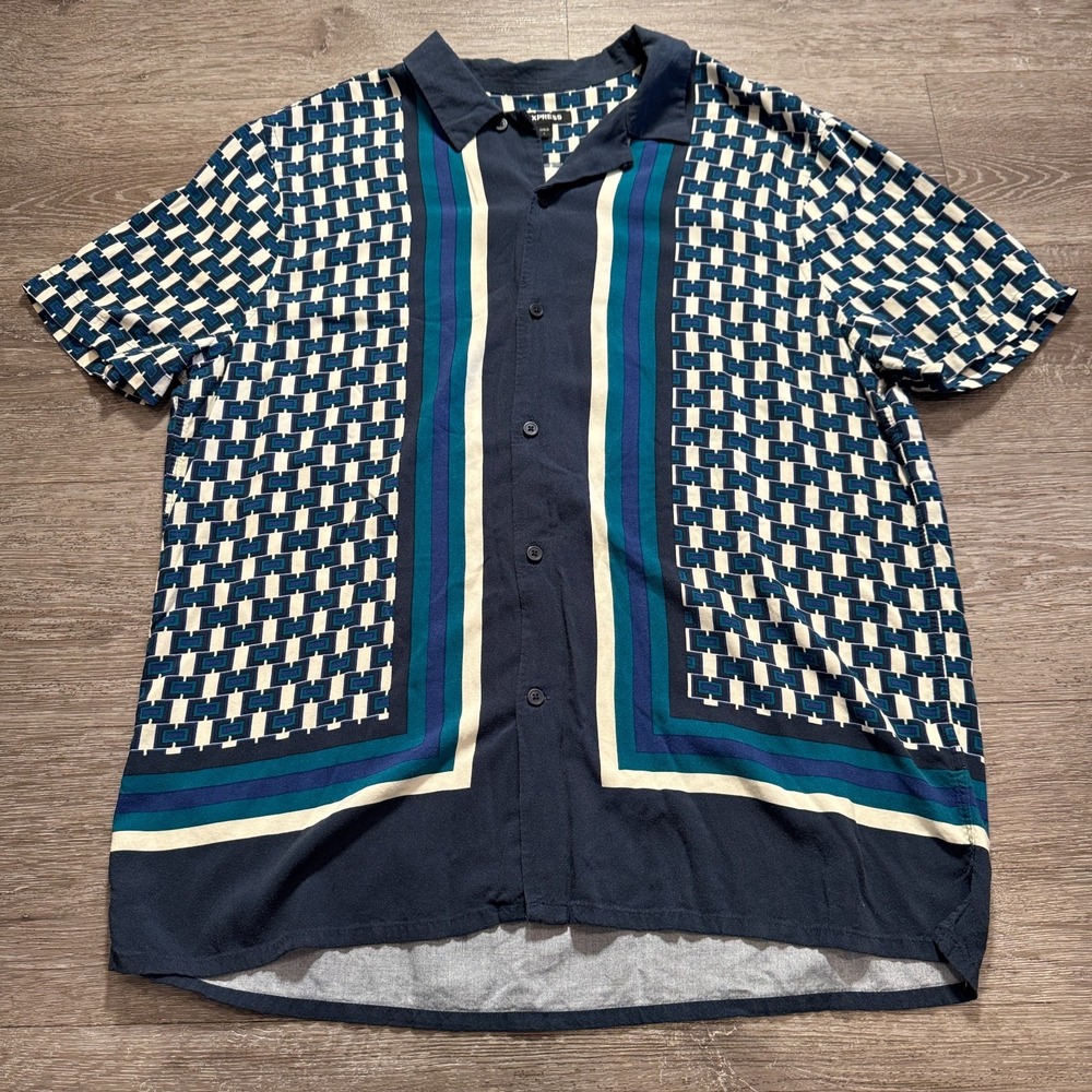 Express Shirt Men Large Blue‎ Geometric Viscose Camp Loop Collar Short Sleeve
